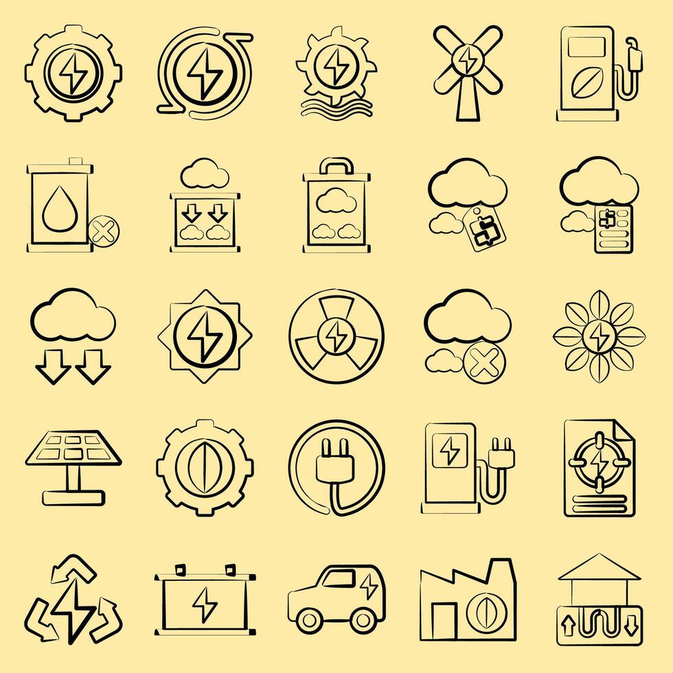 Icon set of renewable energy. Renewable energy elements. Icon in hand drawn style. vector