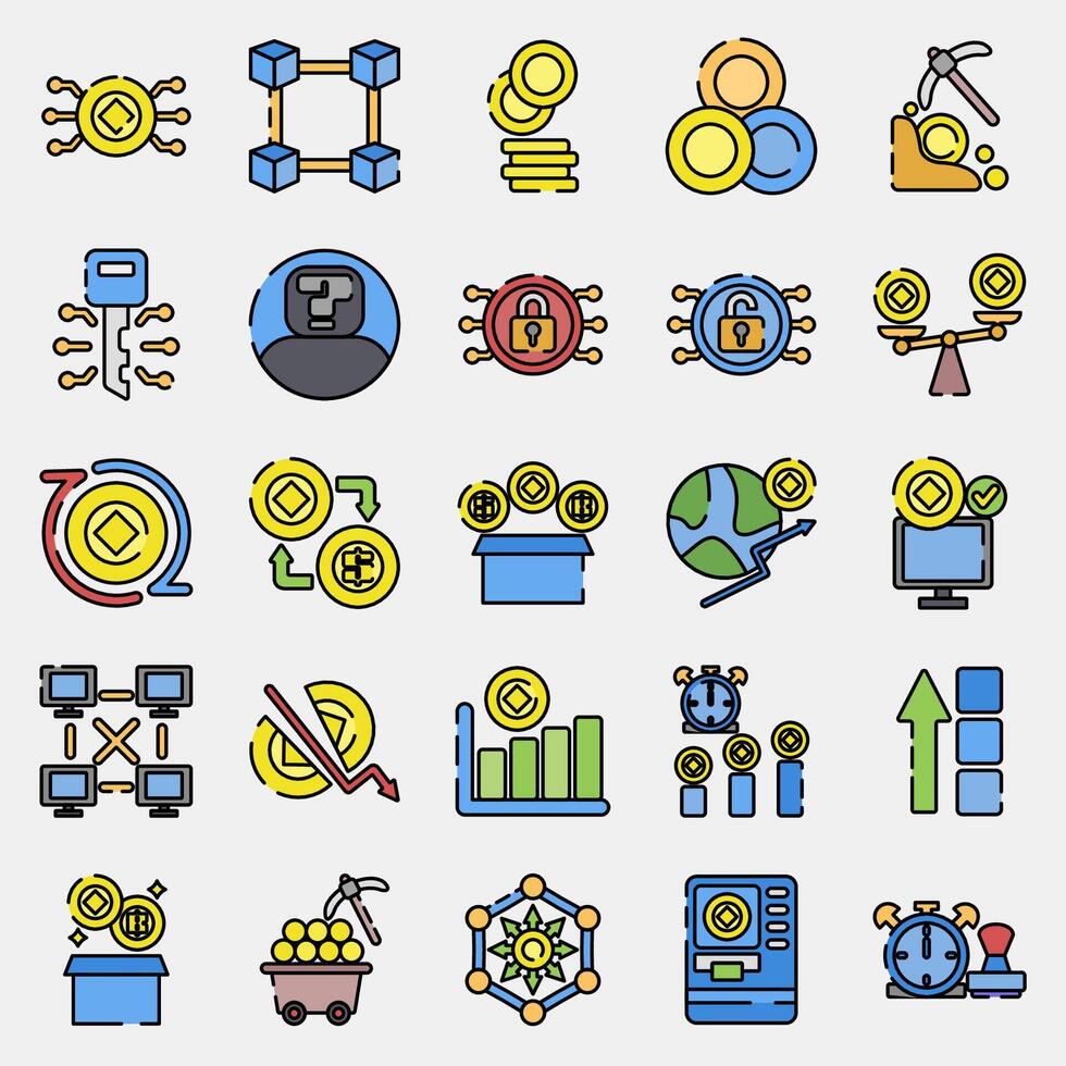 Icon set of crypto. Crypto currency elements. Icon in filled line style. vector