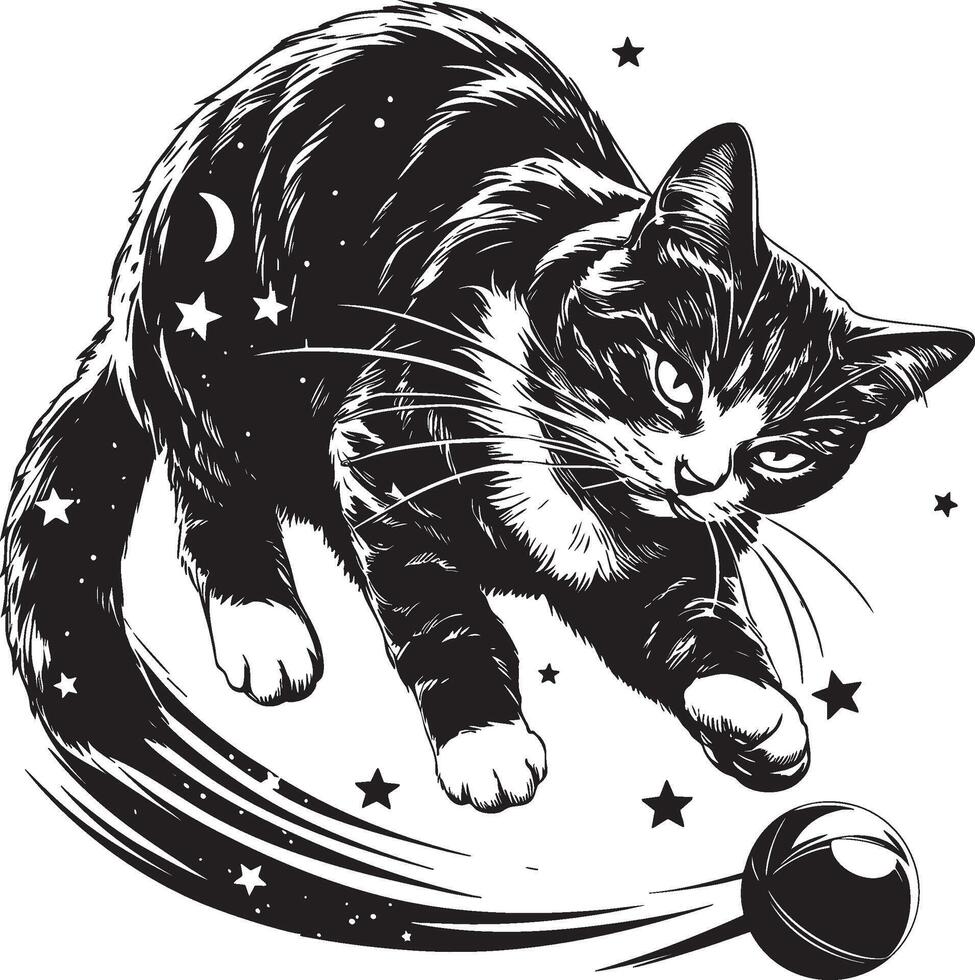 Playful tabby cat playing with a ball in dynamic black and white illustration vector