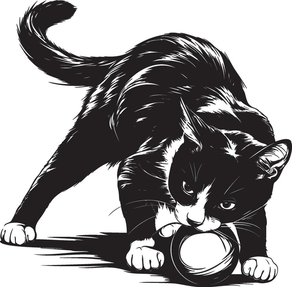 Monochrome artwork of black and white cat playing with a toy ball vector