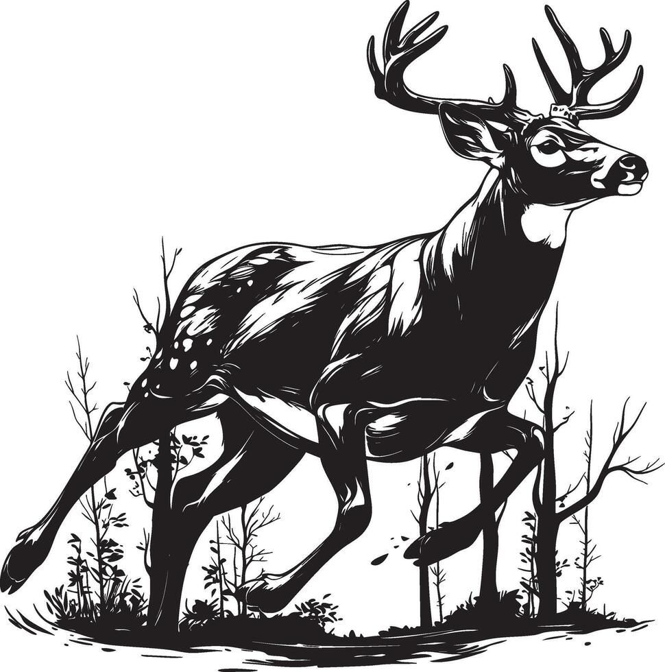 Leaping deer with antlers in detailed monochrome forest illustration vector