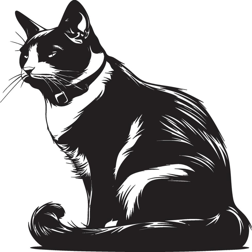 Monochrome drawing of cat sitting with upright posture and forward gaze vector