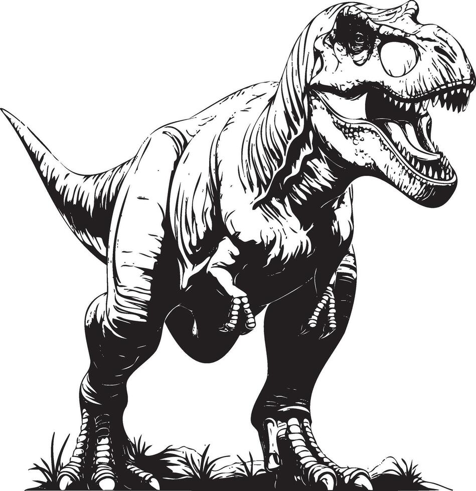 Standing T-Rex dinosaur in detailed black and white ink drawing vector