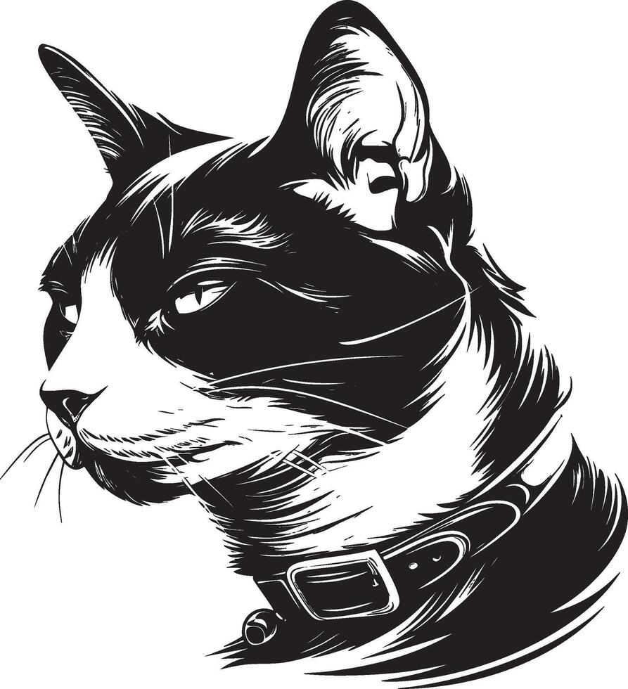 Cat head with collar in sharp black and white side profile illustration vector
