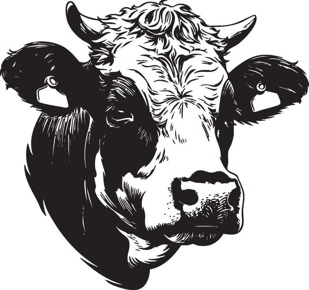 Detailed illustration of cow head in rustic monochrome drawing style vector