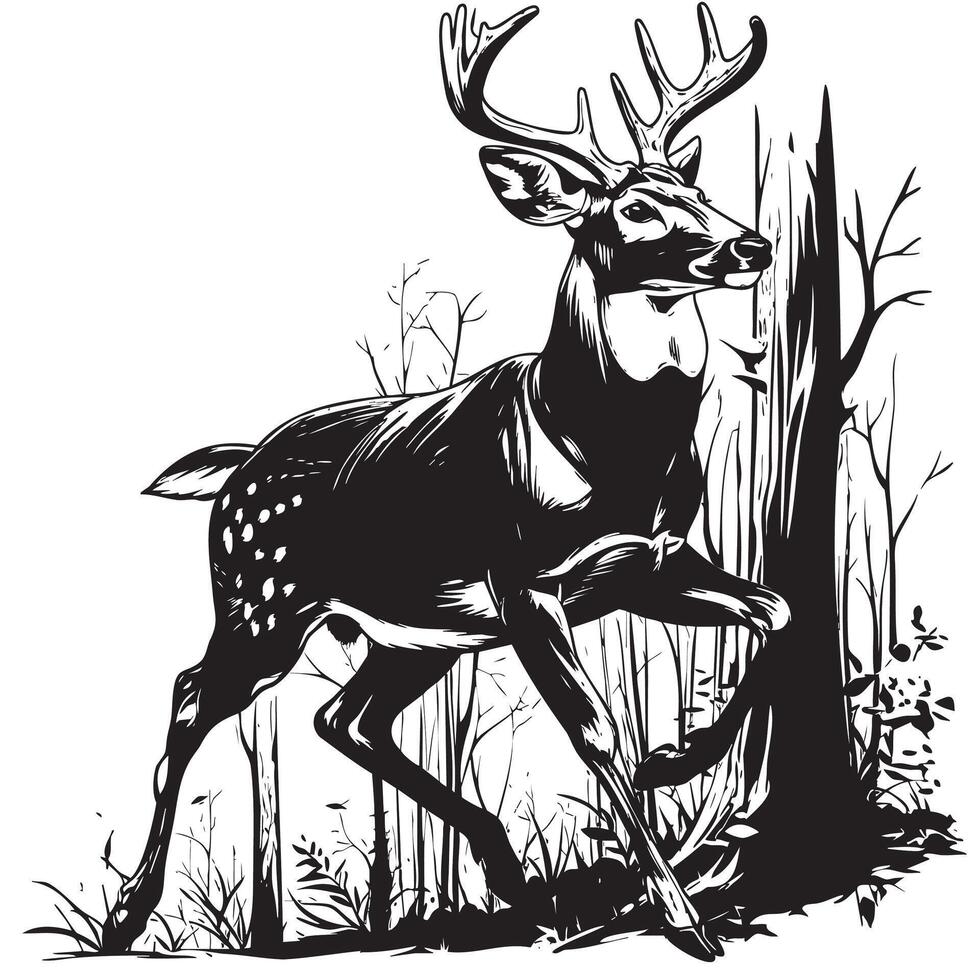 Stylized deer with antlers standing alert in woodland illustration vector