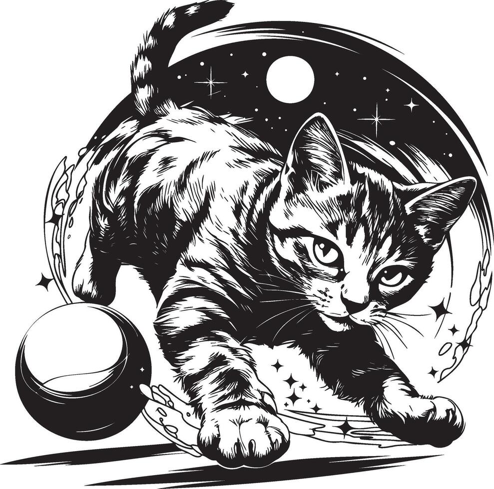 Energetic cat chasing ball in bold black and white hand drawn artwork vector