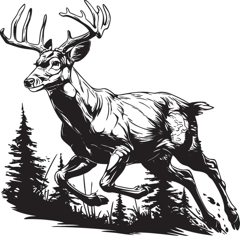 Running deer in forest setting illustrated in black and white style vector