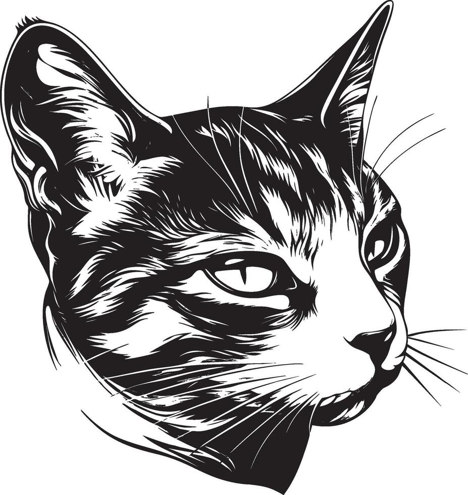 Black and white hand drawn art of cat head with intense side glance vector