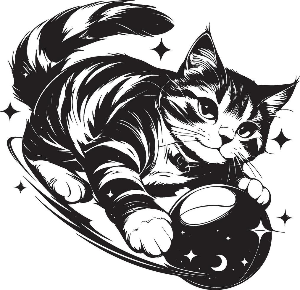 Black and white drawing of a tabby cat pouncing on a rolling ball vector