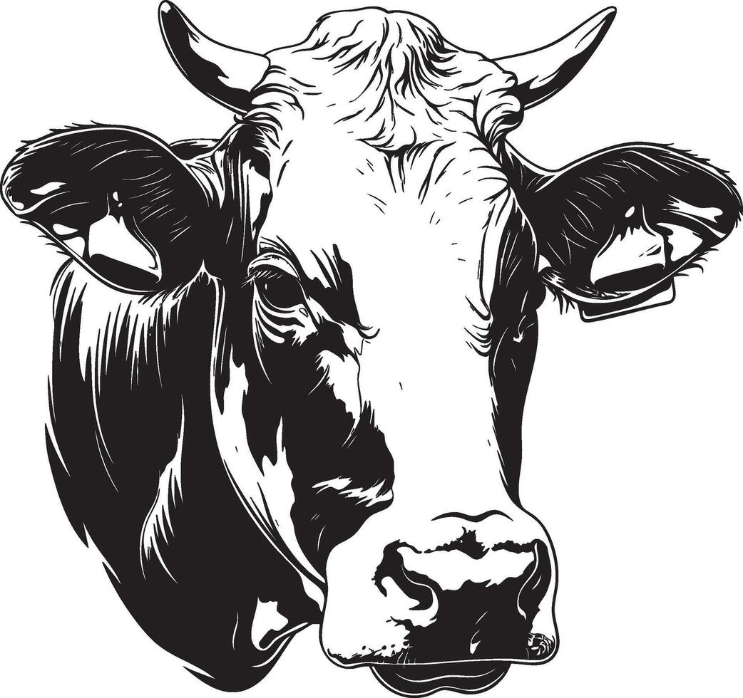 Cow head illustration in bold black and white with textured details vector