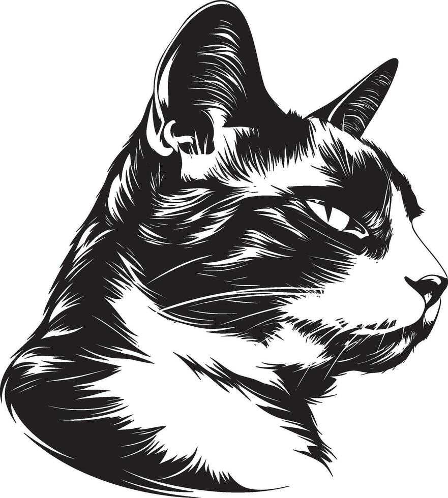 Black and white hand drawn illustration of cat head in calm side profile view vector