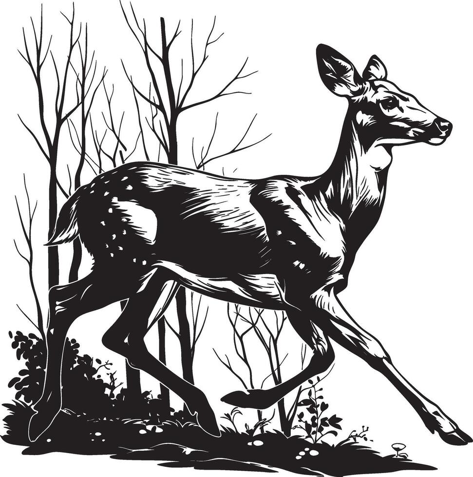 Female deer walking through trees in minimalist black and white art vector