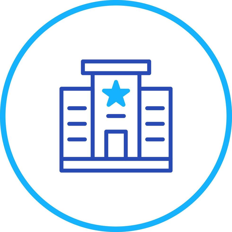 Minimalist building icon with star emblem inside a blue circular frame design vector