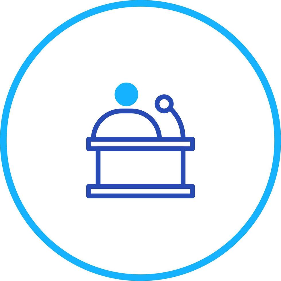 Blue Line Icon of a Person Speaking at a Podium in a Circular Frame vector
