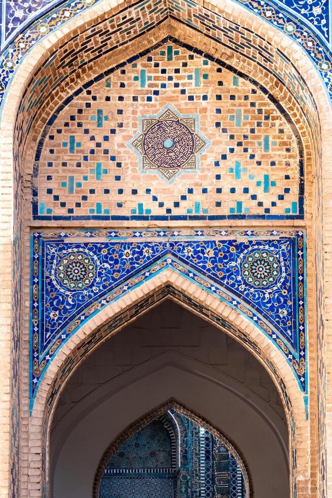 Samarkand, Uzbekistan-august 13,2023-Particular of Shakhi Zinda necropolis, a famous mausoleum complex in Samarkand. photo