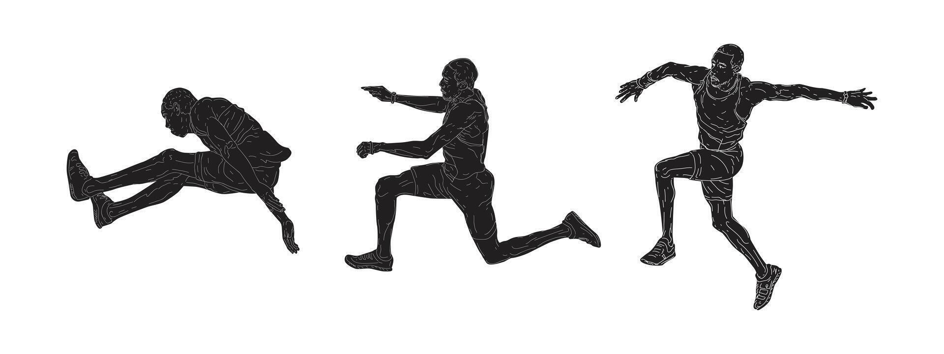 Triple jump silhouette in action, hop step jump athletic line art illustration design. vector