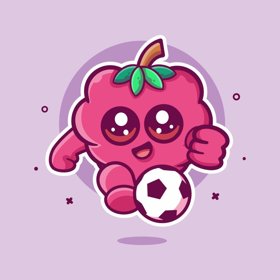 Cheerful raspberry fruit character mascot playing football isolated cartoon vector
