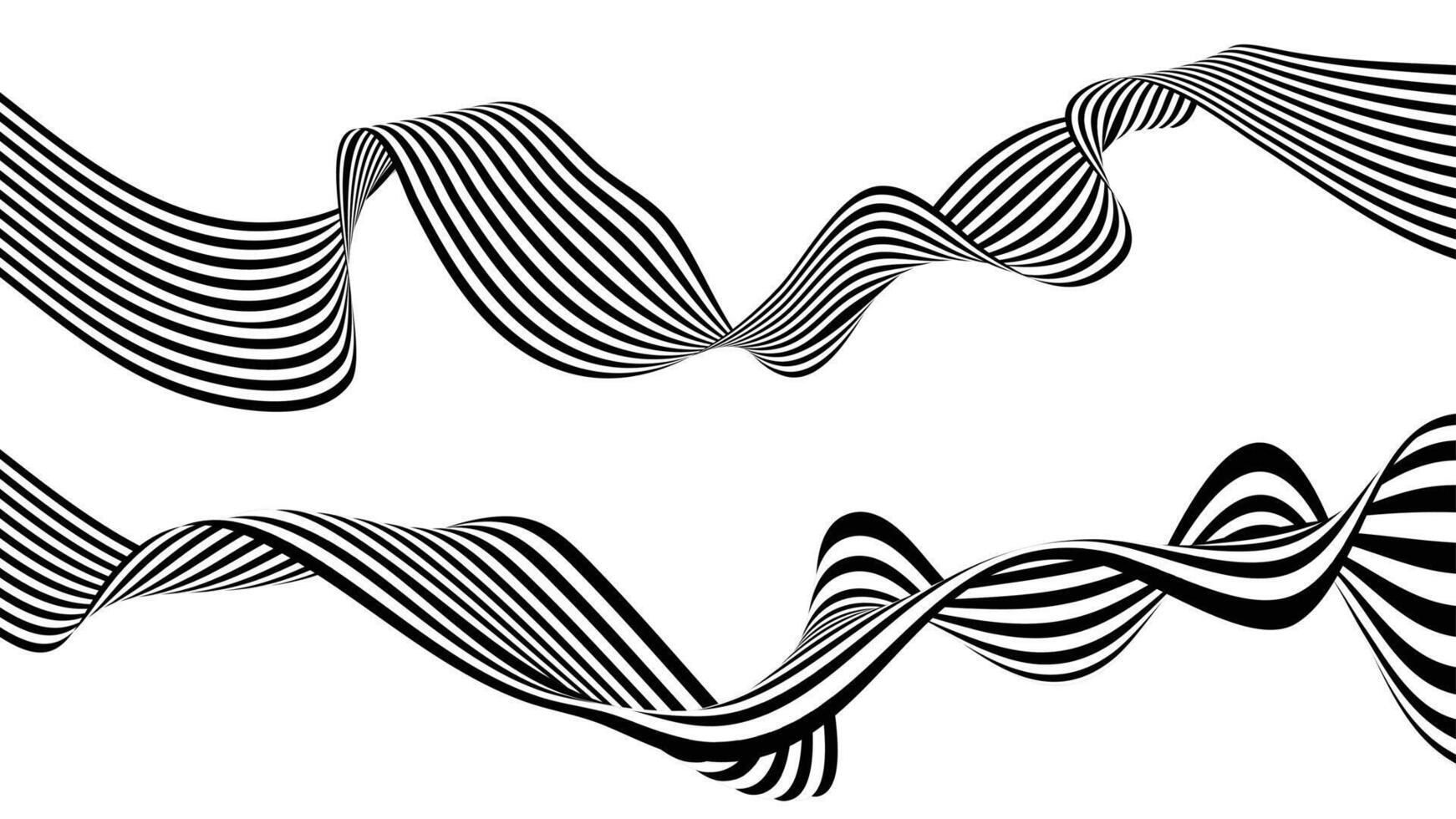 Twisted black and white striped wave forms for abstract optical illusion and modern background vector