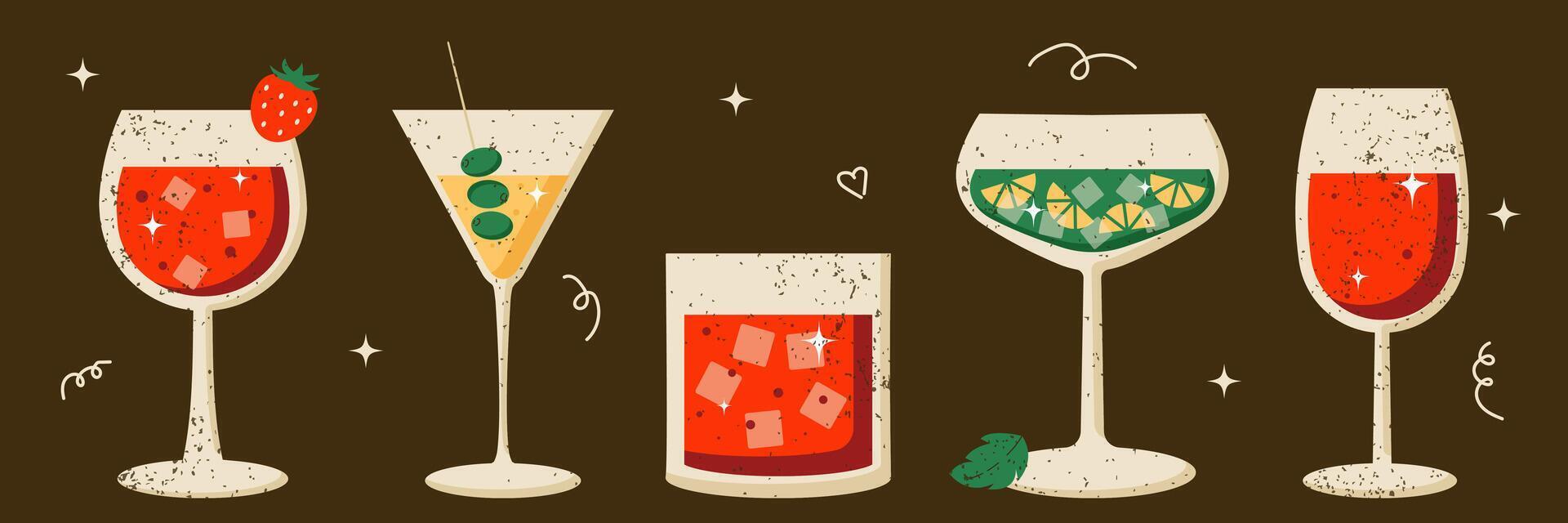 Set of retro cocktails in different shapes glasses. Minimalist contemporary vertical design. Flat illustration on dark background vector