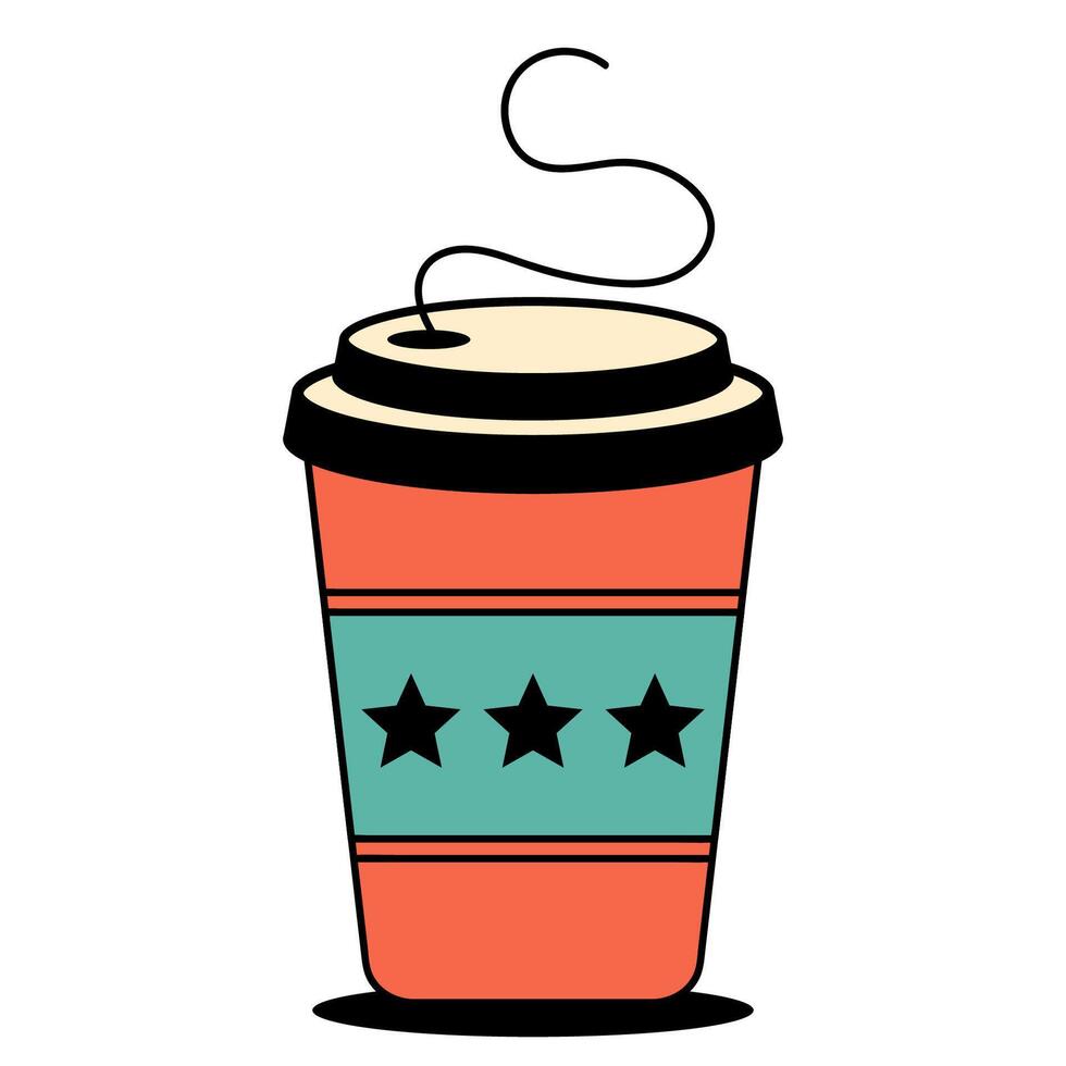 Retro takeaway coffee cup with lid and sleeve. Great for cafe branding, packaging, menu graphic and morning beverage visuals. Flat illustration on white background vector