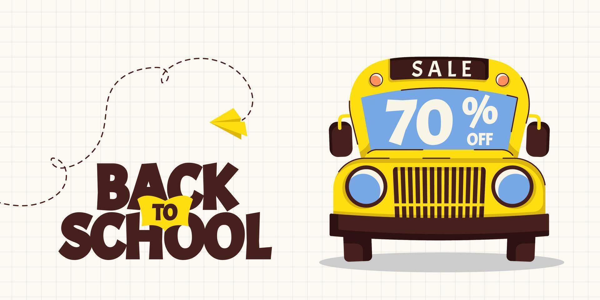 Back to school sale, discount horizontal banner with school bus. Template for education ads and school promotions. illustration vector