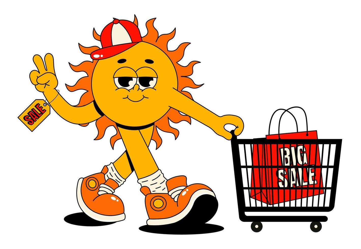 Retro groovy character sun. Funky walking sun in cap with shopping cart. Isolated element for sale, promotion. Flat illustration on white background vector
