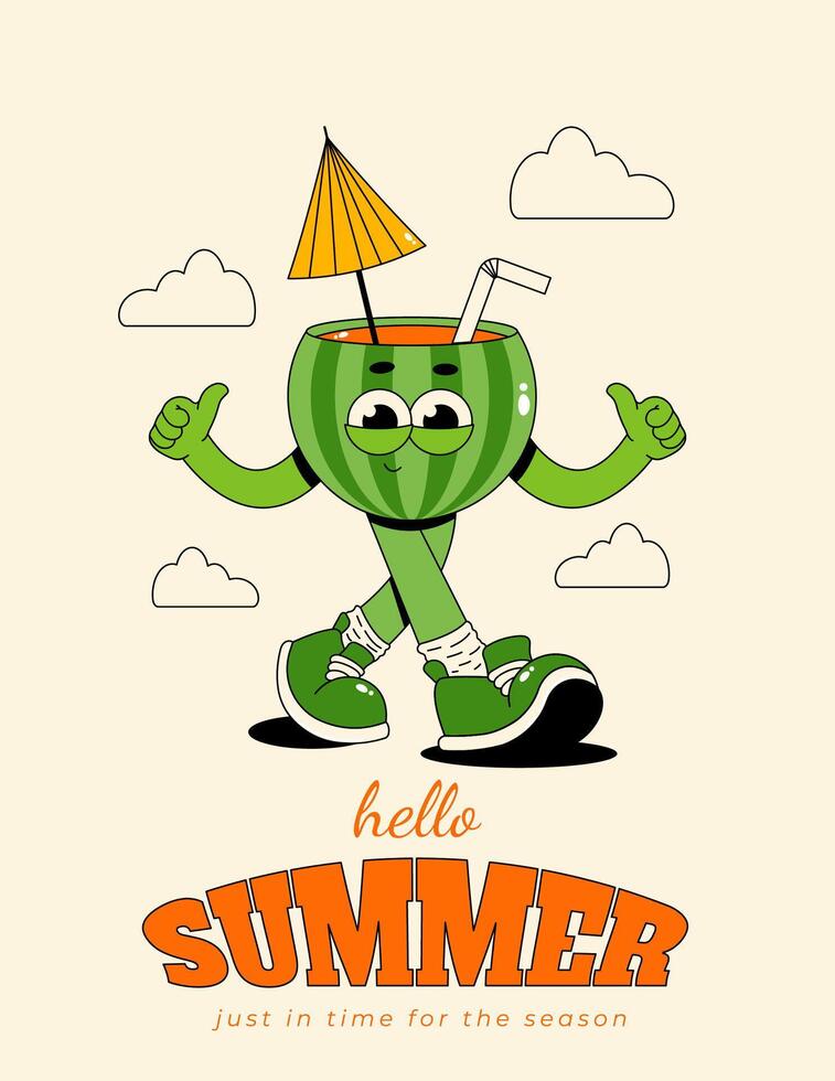 Hello summer poster. Retro groovy character watermelon cocktail with cute face. Vintage illustration 70s, 80s style vector