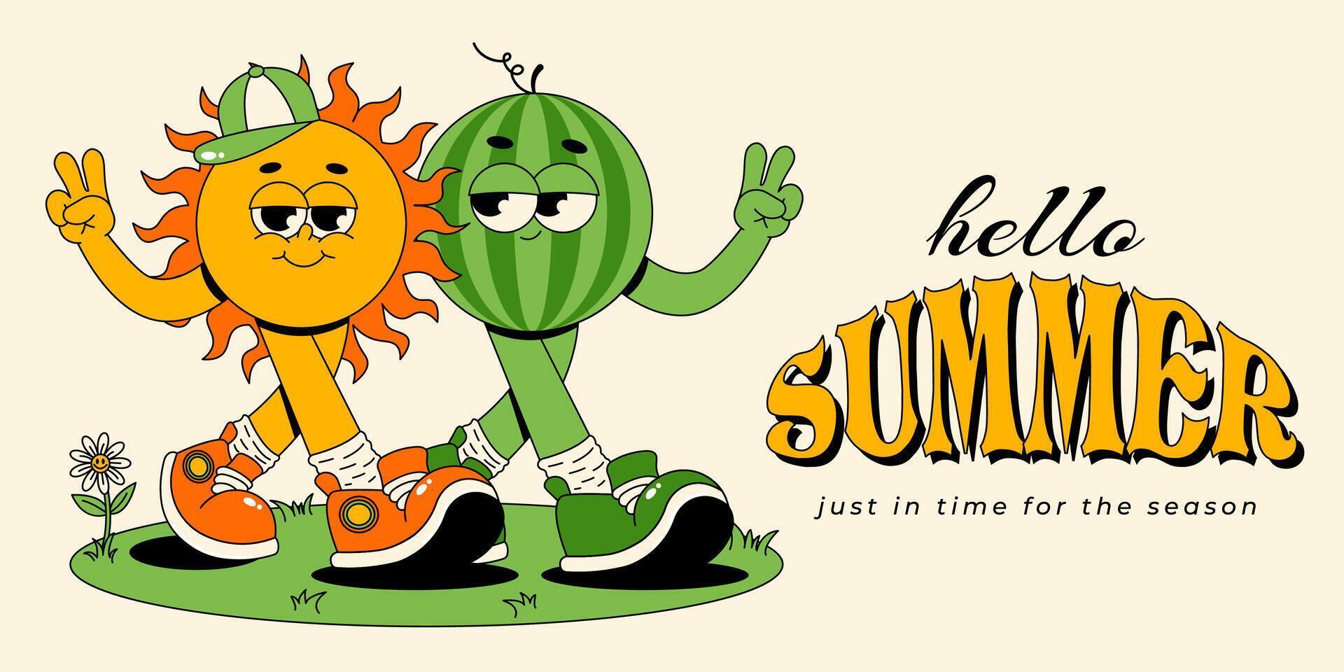 Hello summer banner. Retro groovy summer characters sun and watermelon. illustration for advertisement, promo, ad, billboard, promotional vector