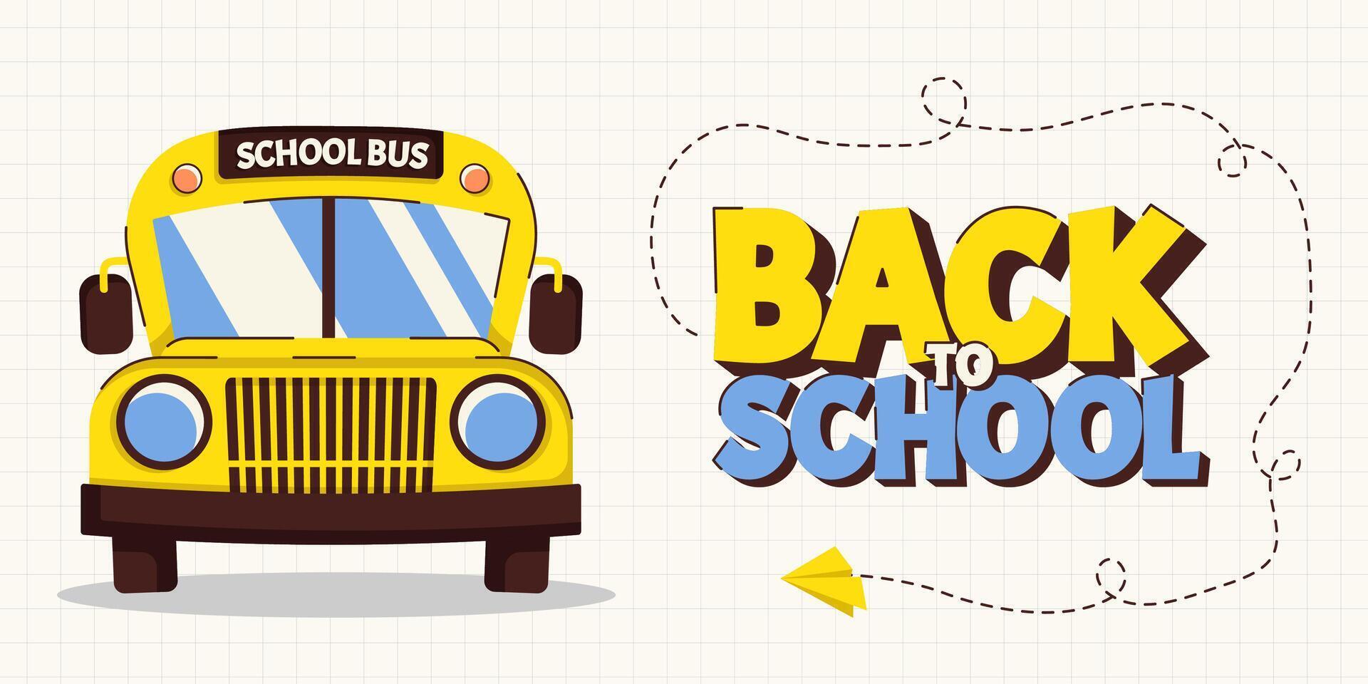 Colorful back to school banner with school bus, text, paper planes and dashed flight paths on squared paper. Template for education themed designs. illustration vector