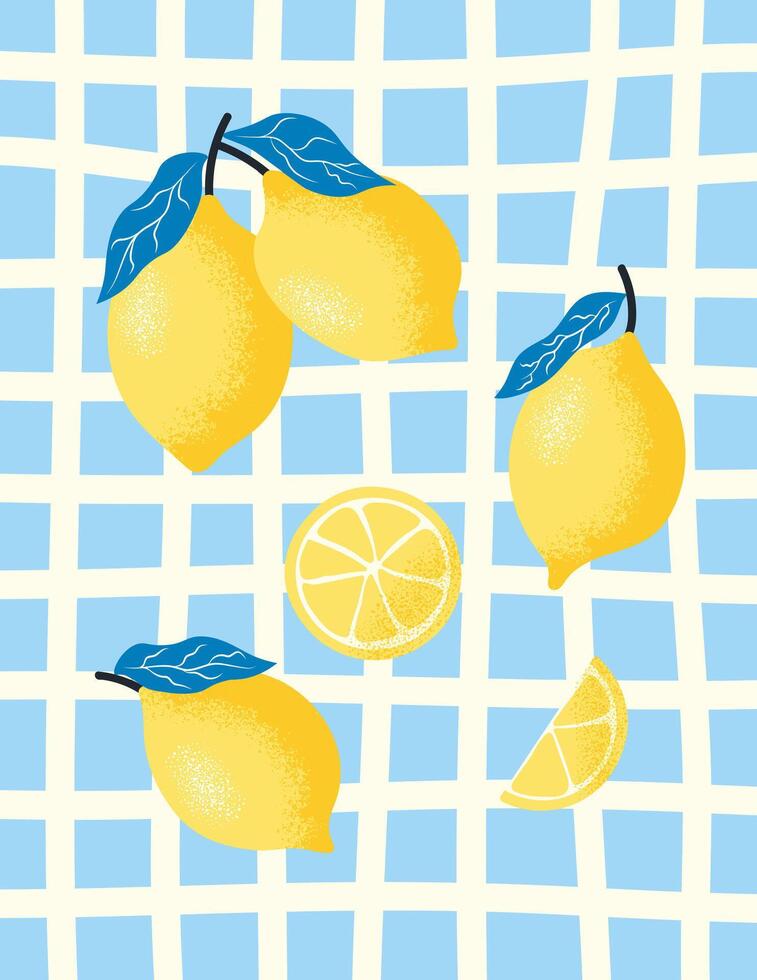 Stylish fun lemon poster with whole fruits and slices placed on soft blue geometric textile background. Ideal for kitchen prints, fabric designs or summery packaging. illustration vector