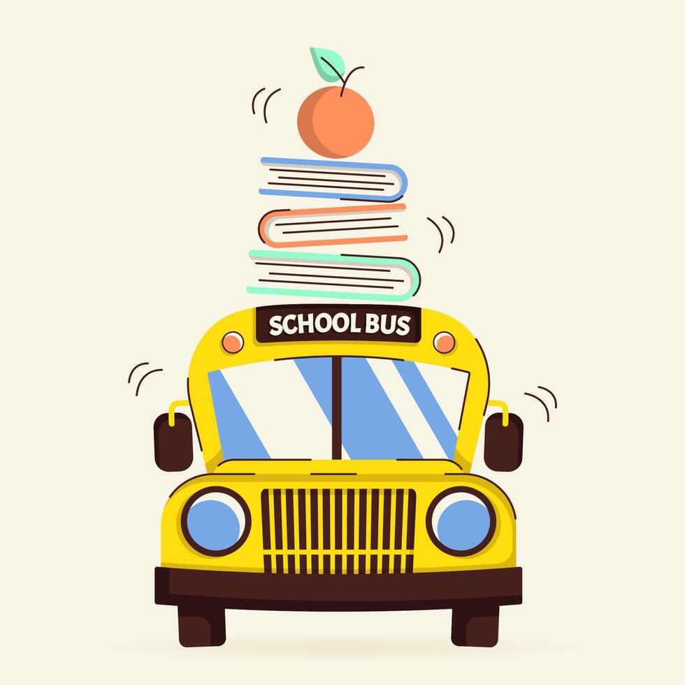 Funny school bus with books and apple. Back to school, education concept. Flat illustration isolated on background vector