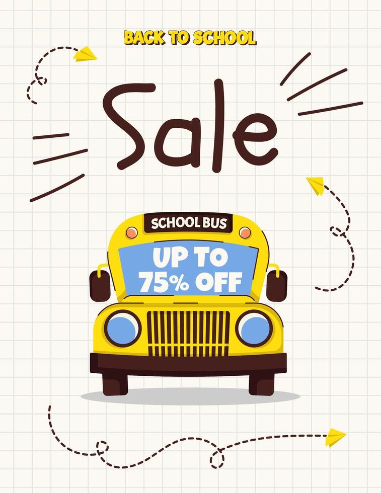 Back to school sale, discount card or flyer with school bus, paper planes and dashed flight paths on squared paper. Template for education ads and school promotions. illustration vector