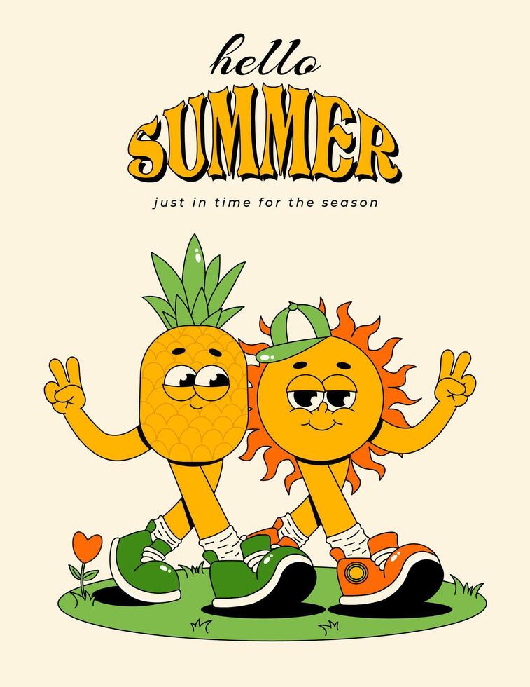 Hello Summer poster. Retro groovy summer characters sun and pineapple. Vertical illustration 70s, 80s style vector