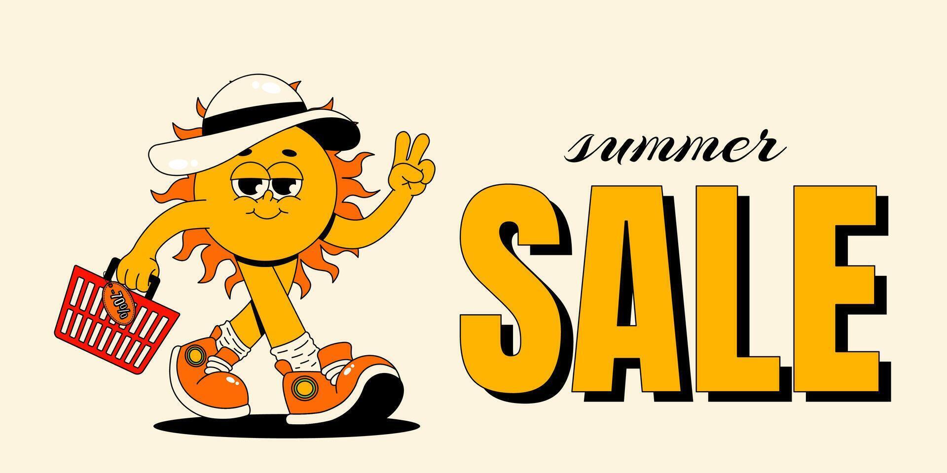 Summer sale banner. Retro groovy character sun. Flat illustration on background vector