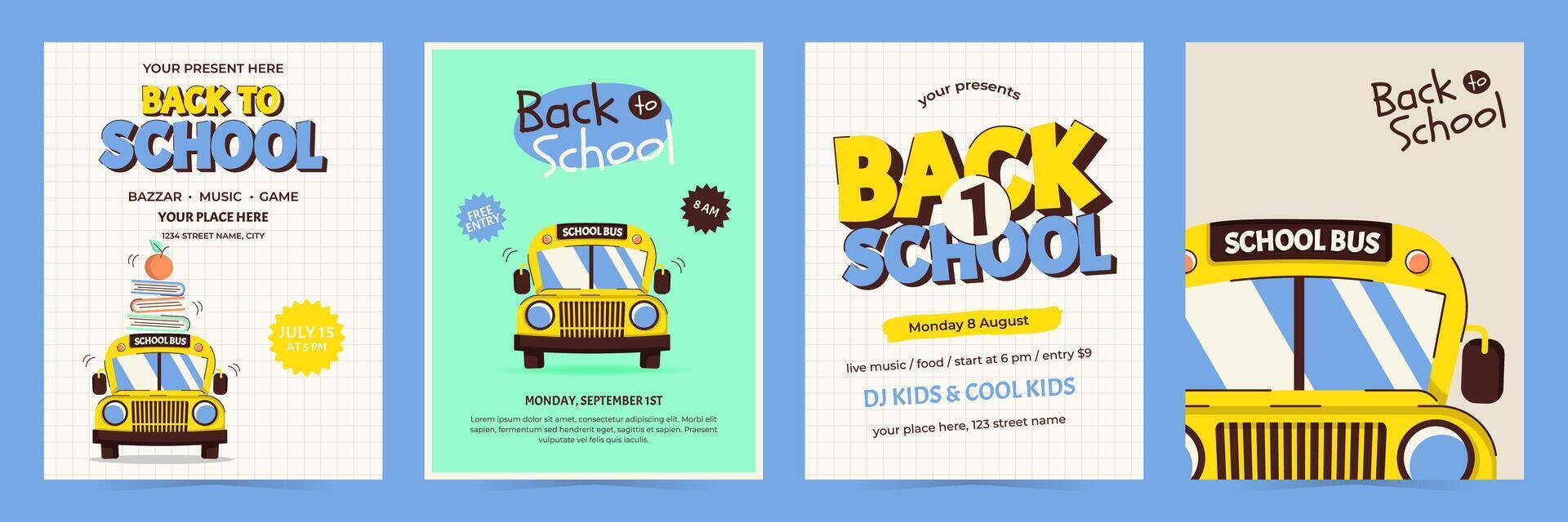 Colorful back to school posters set with school bus, books, apple and other. Template for event flyers, invitations and promotions. illustration vector