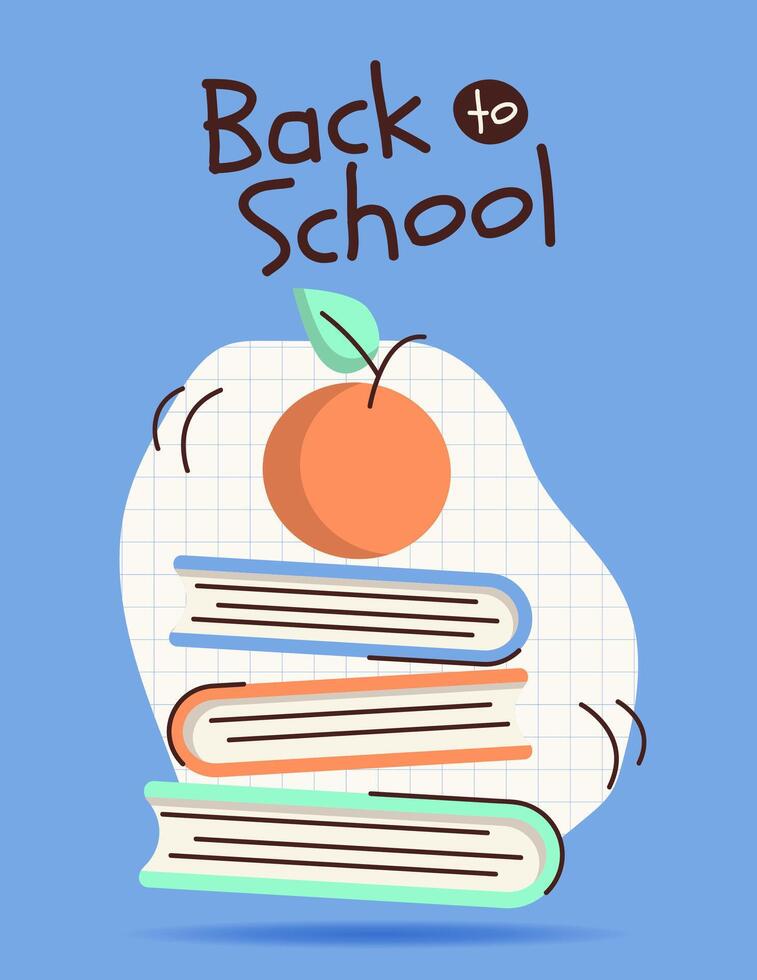 Colorful back to school vertical banner with books, apple and text. Template for education themed designs. Flat illustration vector