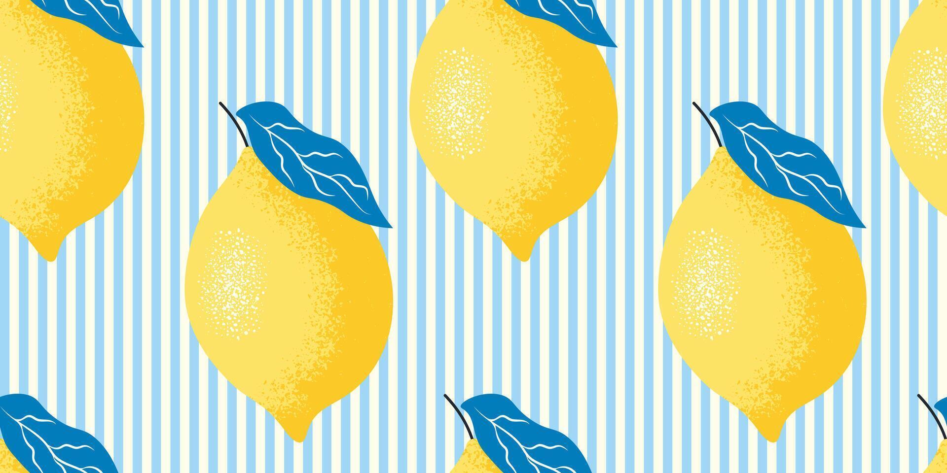 Seamless pattern of blue stripes with Amalfi lemons. Italian background with citrus fruits. illustration for fabric, wrapping paper vector