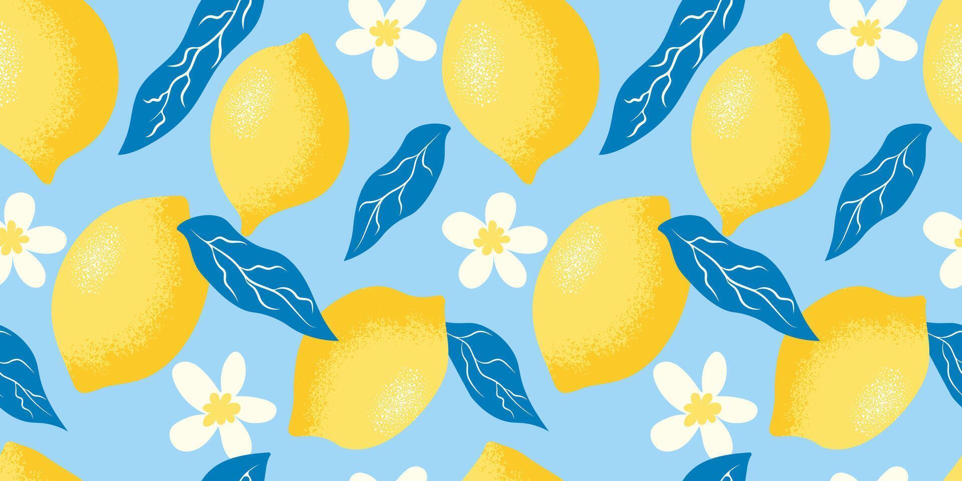 Seamless pattern with citrus composition of lemons, leaves and flowers. Elegant Mediterranean vibe, perfect for branding. illustration vector