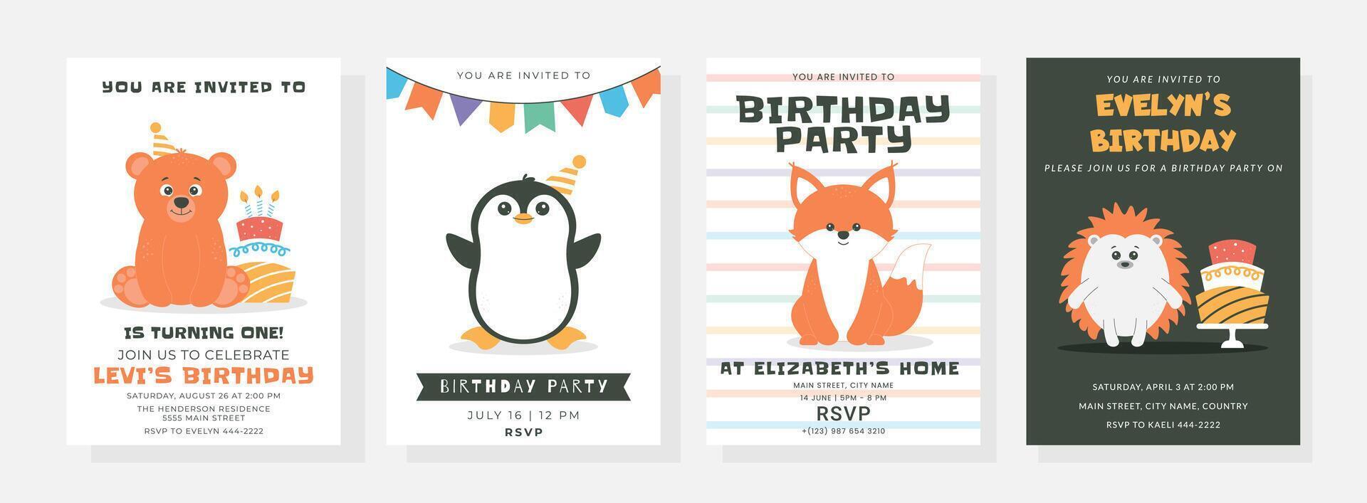 Happy birthday posters set with cute little penguin, bear, fox, hedgehog, cake, candles, hat. Birthday party illustration for greeting card, invitation, banner and more vector