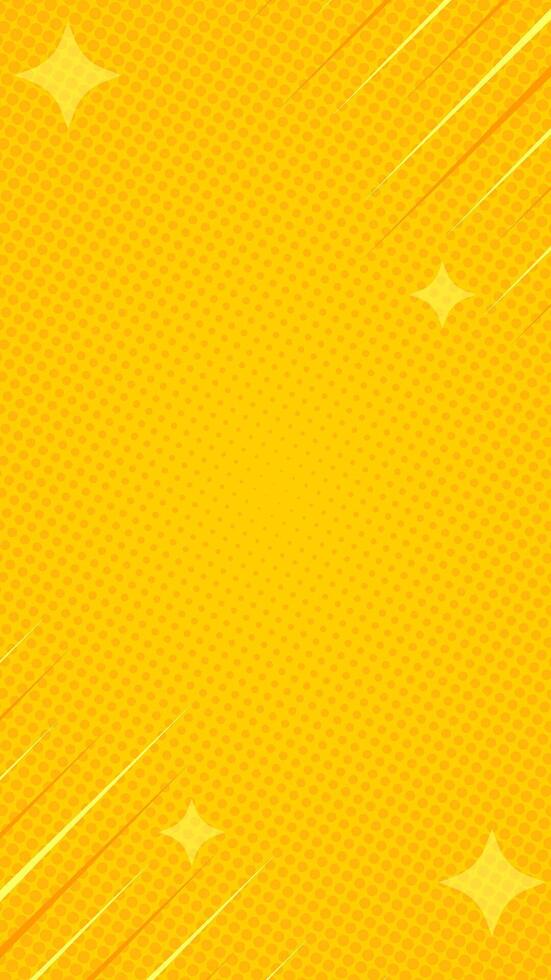 Yellow halftone comic vertical background with fast tapering lines and stars. Suitable for comics, presentations, posters, etc. vector