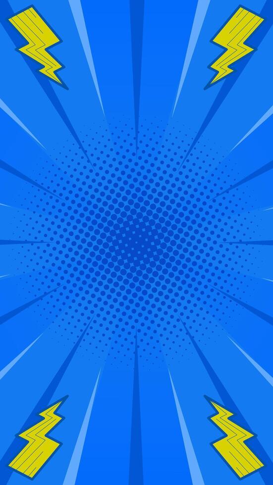 Blue halftone comic vertical background with fast lines around and lightning. illustration. Suitable for comics, prints, posters, etc. vector