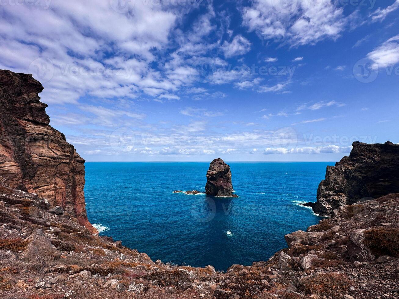 Madeira island Portugal PR8 cliff rock surrounded by mountains geology blue water stream Atlantic Ocean shore seascape travel destinations rough scenery horizontal photography aerial view hiking trail photo