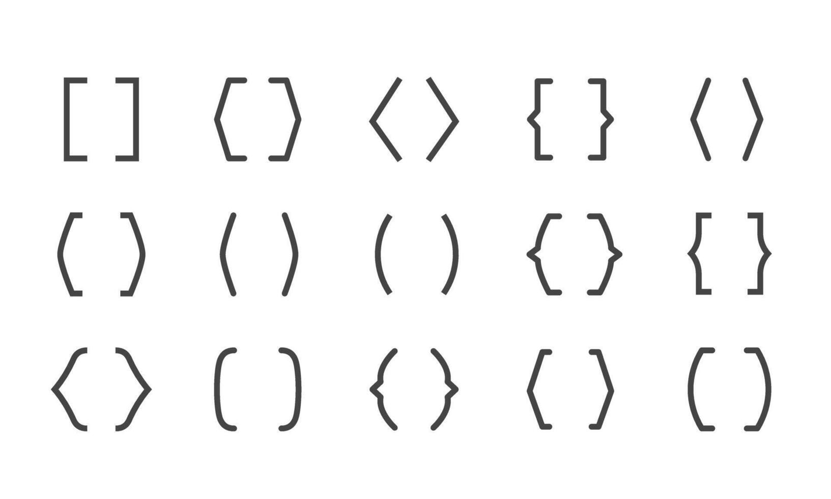 Set of Bracket Icons in Various Styles on White Background. Collection of different bracket icon styles including square, curly, round, and angle brackets in black vector