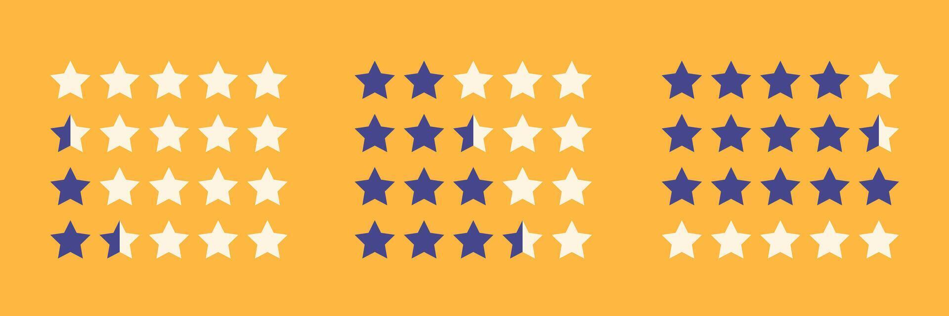 star rating rows displaying full, half, and empty stars to represent different score levels vector