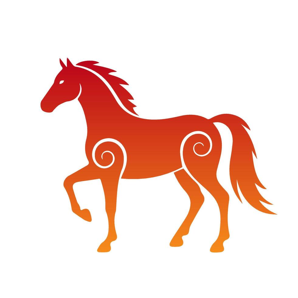 Red tribal horse illustration with flowing mane and ornate swirls, standing on one raised leg. 2026 symbol of year vector