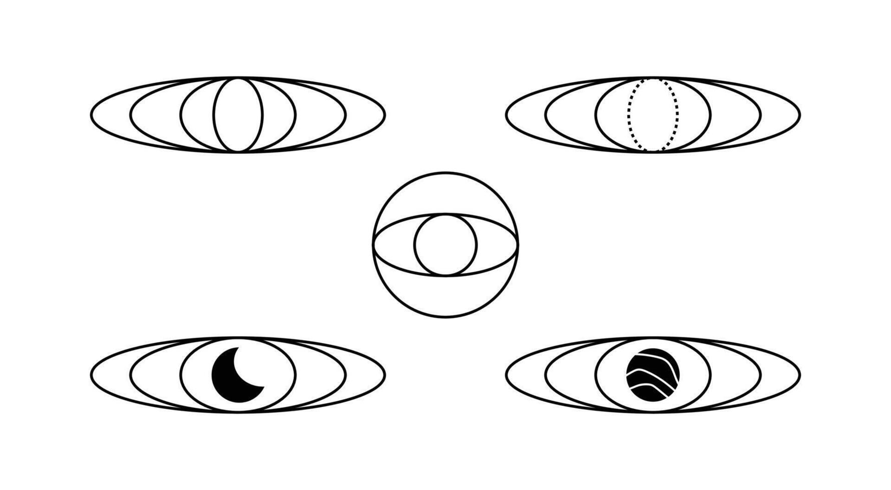 Astrology space planets galaxy ring orbit outline shape illustration icons. vector
