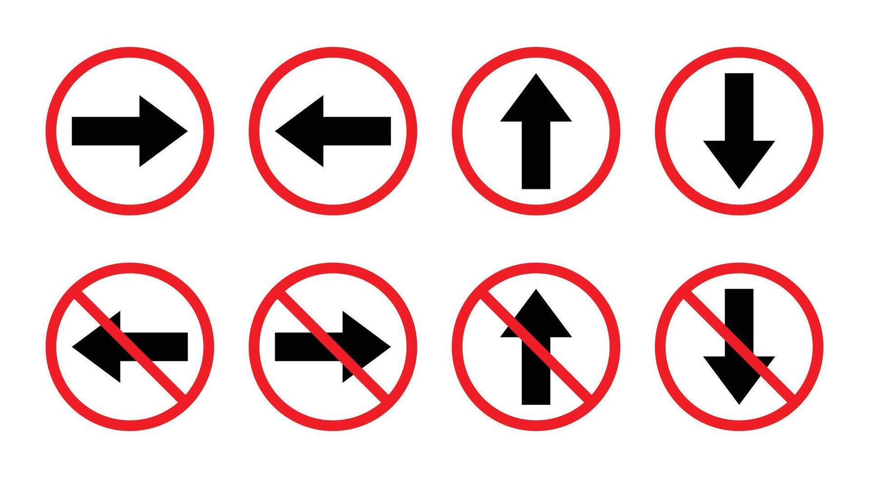 Set of directional road signs with forbidden and allowed turn or direction symbols. vector