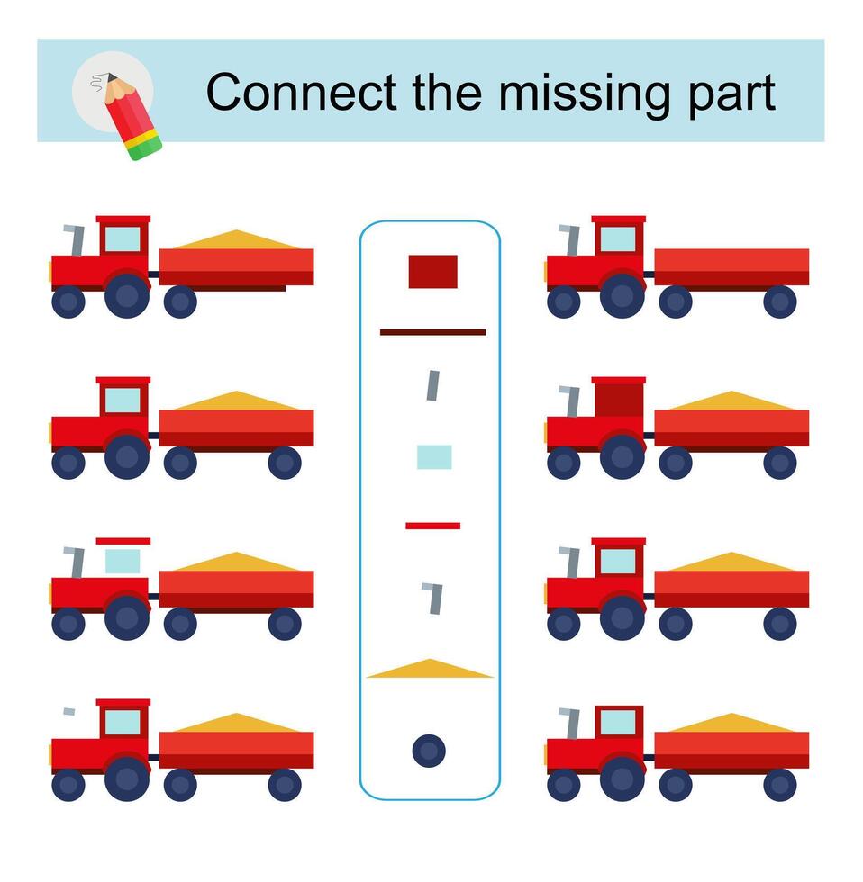 Connect the missing part. Task for the development of attention and logic. Cartoon tractors. vector