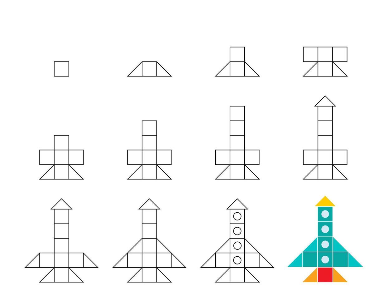 Worksheet easy guide to drawing cartoon rocket. Simple step-by-step drawing tutorial vector